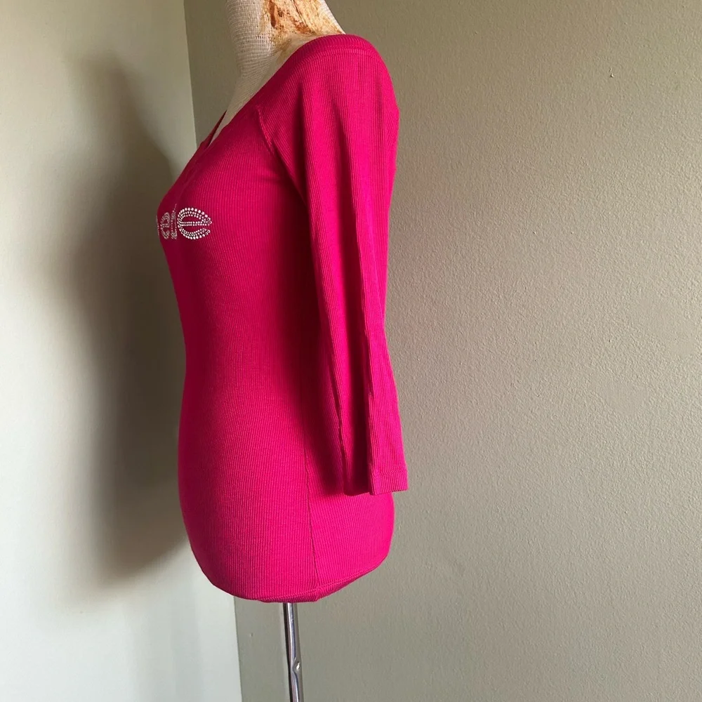 Bebe Rhinestone Logo Fitted 3/4 Sleeve ribbed Top - Picture 3 of 5